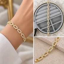 Premium Parlak Ve Şık Zirkon Taşlı Dikdörtgen Halkalı Gold Renk 316l Kadın Bileklik 20cm Altın