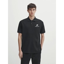 Yakası Düğmeli Yakalı Pike Baskılı T-shirt - Beyaz Siyah