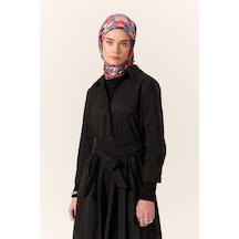 Silk Home Organik Pamuk İpek Eşarp Siyah-koyu Gri Mor Çiçek Desenli Tok Duruşlu 90x90 Çok Renkli