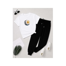 Herkesemoda Ay Güneş Baskı Detaylı T-shirt Eşofman Takımı Beyaz