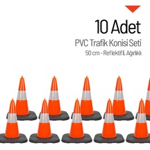 10 Adet Pvc Trafik Konisi 50 Cm Reflektifli Ağırlıklı Trafik Dubası Seti-3549