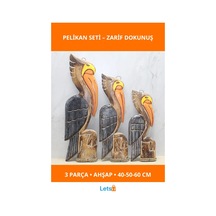 Ahşap 3'lü Pelikan Dekoratif Figür Seti 40 50 60 Cm 1 Adet
