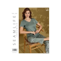 Seamlife Kadın Extra Yumuşak %100 Pamuk V Yaka Milan Kısa Kollu Pijama Takımı Yeşil
