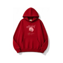 Herkesemoda Pembe Çiçek Baskılı Kapüşonlu 2 İplik Şardonlu Sweatshirt Kırmızı