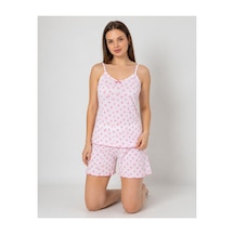 Pijamask Kadın Pembe Çiçek Desenli Askılı Şortlu Pijama Takımı Yazlık Rahat Ev Giyim P100-036 Beyaz