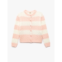 Koton Düğme Detaylı Yuvarlak Yaka Uzun Kollu Triko Hırka Pınk Strıpe 5skg90051ht Pembe Çizgili Pembe