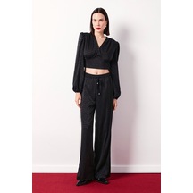 Sateen Desenli Kruvaze Saten Bluz - Siyah-134487