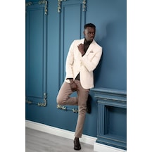 Apartro Regular Fit Mono Yaka Çift Yırtmaç Torba Cep Armürlü Tek Ceket Krem