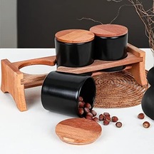 Mat Siyah Ege Ahşap Standlı Saklama Kabı 10 Cm 3 Parça