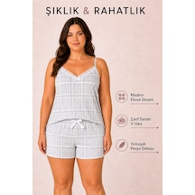 Bravie Kadın Büyük Beden İp Askılı Yakası Dantelli Ekose Desenli Gri Yazlık Pijama Takımı