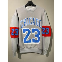 Erkek Gri Unısex Oversize Chicago 23 Baskılı Polarlı Sweat Gri