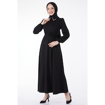 Düz Gömlek Yaka Kadın Siyah Yaka Taş Detaylı Kuşaklı Elbise - 24758 001