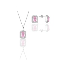 Gümüş Rodyumlu Pembe Taşlı Baget Kesim Ikili Set