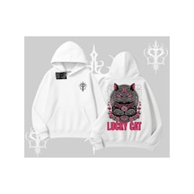 Tarzsokak Lucky Cat Japon Tarzı Kedi Baskılı Kapşonlu Sweatshirt Beyaz