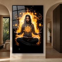 Altın Işıkta Meditasyon Yapan Kadın Siyah Çerçeveli Cam Tablo