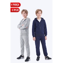 Panios Kids 3 İplik Düz Erkek Çocuk Fermuarlı Kapüşonlu 2'li Eşofman Takımı 4 Parça Gri - Lacivert