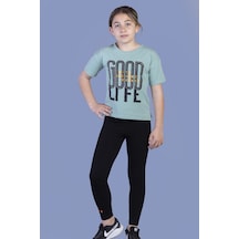 Toontoy Kids Toontoy Kız Çocuk 2'li Takım Baskılı Bisiklet Yaka T-shirt & Basic Düz Tayt Yeşil