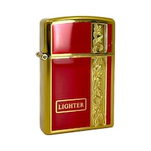 Metal Jet Alev Çakmak Gravür Şeritli Pirinç - Kırmızı Sarı