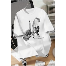 La El İşareti Ön Baskılı Sokak Modası Unisex T-shirt Beyaz