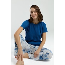 Pierre Cardin Kadın Saks Bisiklet Yaka Kısa Kol Desenli Pijama Takım Saks