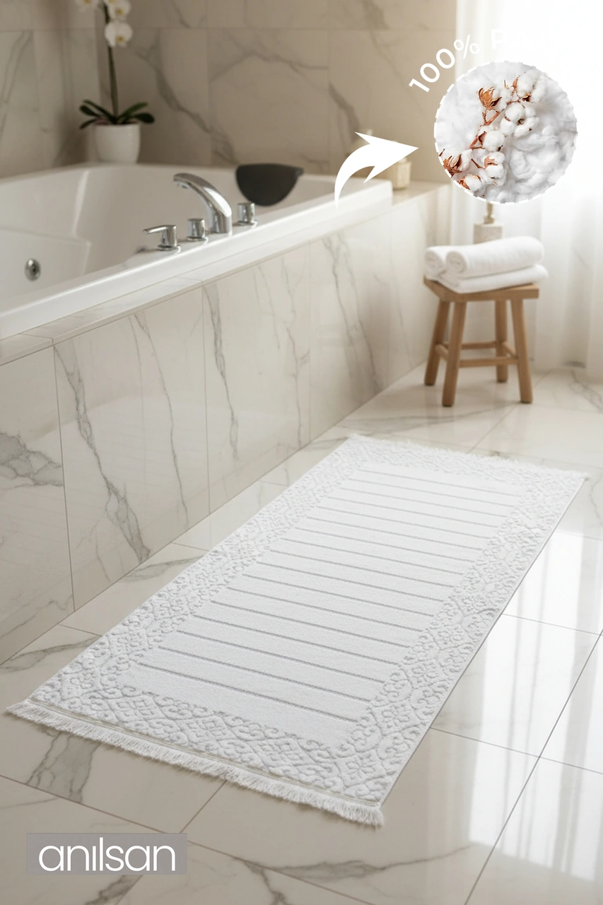 Aflora Beyaz-mor Ayak Havlusu - 60x130cm, 690gr, %100 Pamuk, Spa Ve Otel Banyo Paspası, Günlük Kullanıma Uygun Beyaz - Lila