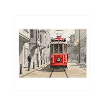 Kırmızı Tramvay Sokakta Art Mdf Poster