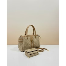 Just Polo Lüks Tasarım Lüks El & Omuz Çantası Gold Detaylı Özel Tasarım Çanta Ve Uyumlu Cüzdan 22x28 Cm Vizon
