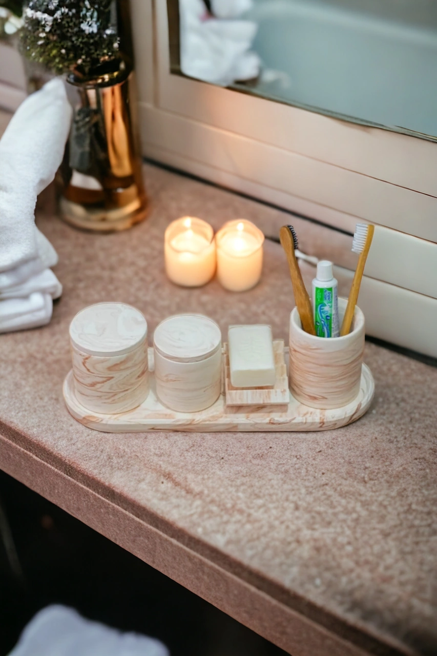 Marble Banyo Seti,tepsi,dis Fırçalık, Pamukluk,sabunluk Seti Beton Takim Turuncu