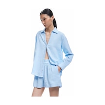 Koton Pamuklu Uzun Kollu Oversize Müslin Gömlek Mavi 5sak60072pw Mavi