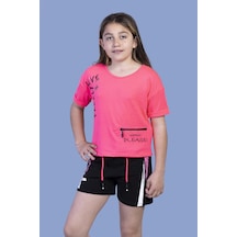 Toontoy Kız Çocuk Cep Detaylı Baskılı Şortlu Takım Fuşya