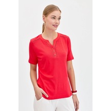 Desen Triko Kadın Omzu Ve Yaka Kenarı İşlemeli Pamuklu T-shirt Kmy24004 Kırmızı