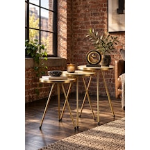 Odera Gold Krem Yuvarlak Zigon Sehpa 3'lü Set Metal Ayaklı Modern Salon Sehpası Diğer