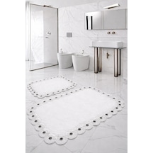 Gülruba Köşeli Beyaz Çeyizlik Dantelli 2'li Banyo Paspası Seti Kaymaz Tabanlı Klozet Takımı Kahve
