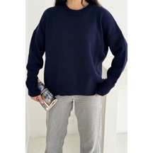 Femelle Kadın Lacivert Standart Beden Oversize Basic Triko Kazak - 357bnd