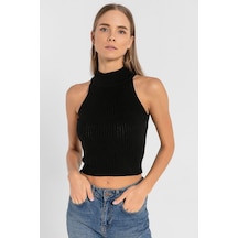 Miss Poem Kadın Boğazlı Balıkçı Yaka Kolsuz Kısa Açık Mavi Triko Crop Siyah
