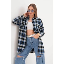 Polologin Butik Kadın Oduncu Mavi Siyah Çizgili Cepli Araboy Spor Gömlek Lacivert