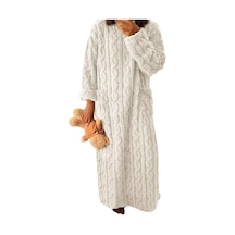 Sonbahar Kış Gecelik Kalın Mercan Polar Gevşek Cepler Sıcak Düz Renk Yuvarlak Boyun Bükülmüş Doku Uzun Kollu Tam Boy Termal Ev Tekstili Beyaz