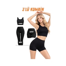 Kadın Siyah 3 Lü Spor Kombin Crop Atlet, Uzun Tayt Ve Şort Tayt Esnek, Toparlayıcı, Günlük-387 siyah