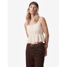 Koton Pamuklu Dantelli Brodeli İp Askılı Crop Bluz Ekru 6sak30026uw