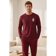 Siyah İnci Baskılı Pamuklu Likralı Örme Pijama Takım 26241803 bordo