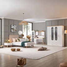 Vita Bohem Genç Odası - 4 Kapaklı Dolap, Karyola, Komodin, Çalışma Masası, Şifonyer, Kitaplık Beyaz