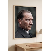 Doğal Ahşap Çerçeveli Atatürk Portre Duvar Tablosu Tekli Set Klasik Yan Profil Desenli Modern Dekorasyon Kabartma Görünümlüdür Bej