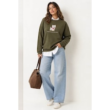 Fashion Friends Nakışlı Haki Kadın Sweatshirt 26k0030k1
