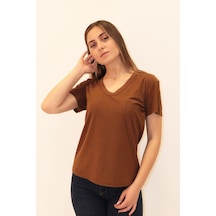 Rich Kadın Organik V Yaka T-shirt %100 Pamuk Tişört Kahverengi