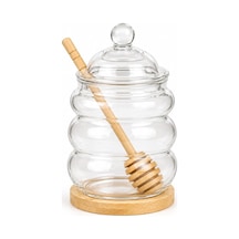 Kaşıklı Cam Bal Kavanozu 480 Ml, Cam Kapaklı, Bambu Bal Kaşığı Ve Bambu Altlık Dahil, Şeffaf Kahvaltılık Ballık Çok Renkli