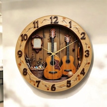 Gitar Müzik Renkli Baskı Desenli Sayılı Hediyelik Ahşap Sessiz Tablo Duvar Saati 51 Renkli