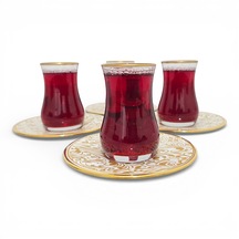 Sudedi Home Gold Yaldızlı Çay Bardağı Seti 4 Kişilik Porselen Tabaklı Hediyeli Çok Renkli