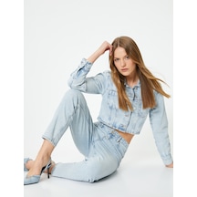 Koton Yüksek Bel Kot Pantolon Kısa Paça Cepli - Mom Jeans Bleach 4sal40062md Açık Mavi