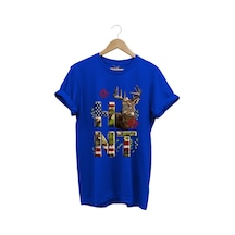 Hunting Avcılık Geyik Ve Kamuflaj Hunt Yazı Baskılı %100 Pamuk Regular Fit Bisiklet Yaka T-shirt Mavi