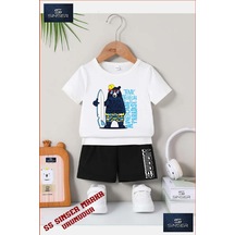 Ss Sinser Çocuk Unısex Ayıck Sıyah Surf Sapka Özel Baskılı Bisiklet Yaka Tişört - Şort Alt - Üst Çocuk Takım Renk:beyaz/sıyah